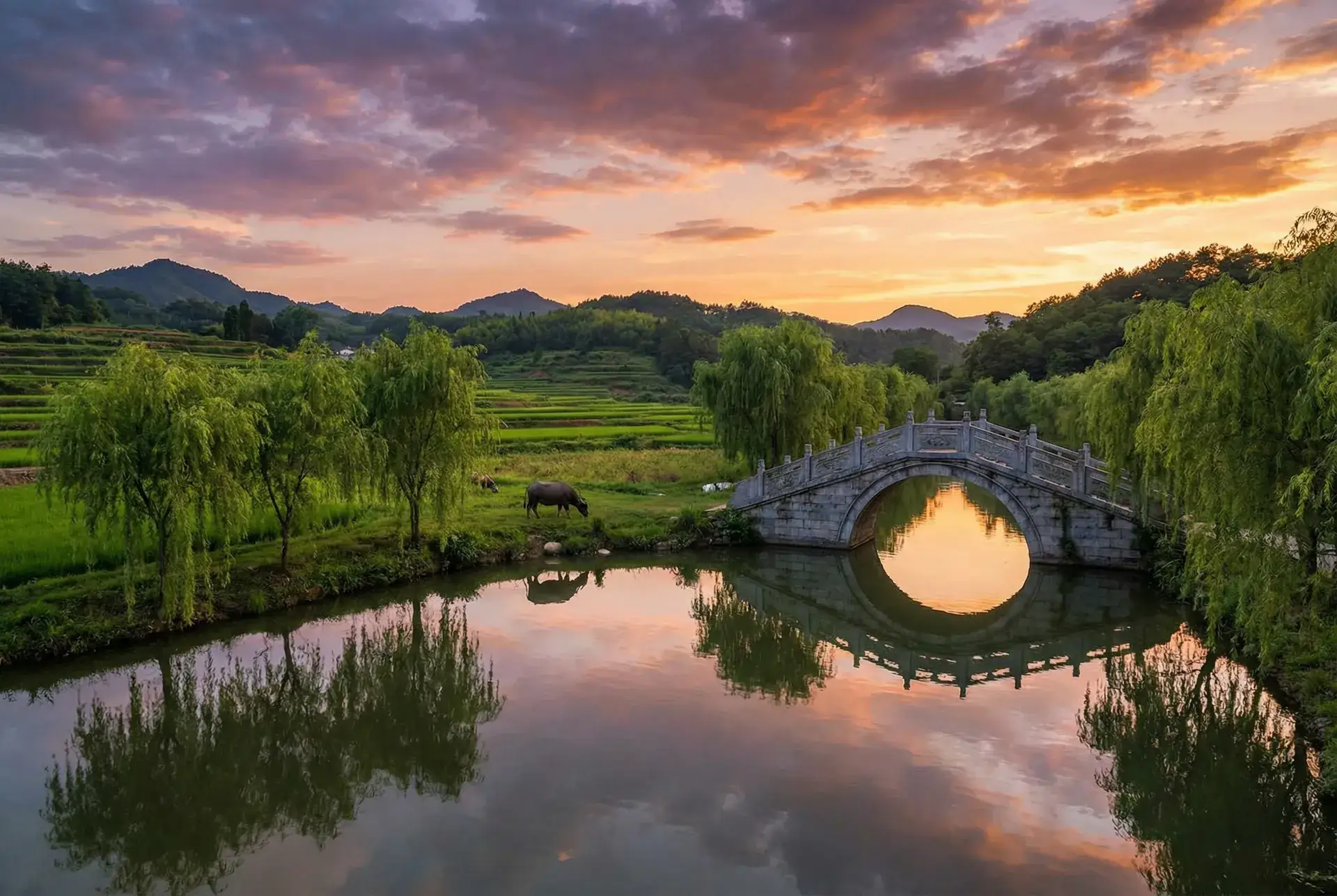 夕阳下的石拱桥与垂柳，水牛在河边吃草 - 668kan 乡村美景